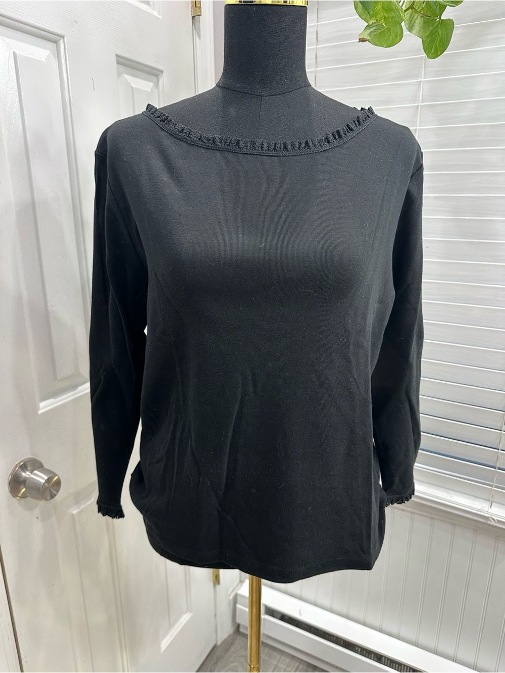 Lord & Taylor Black Long-Sleeve Crewneck Top with Frayed Trim